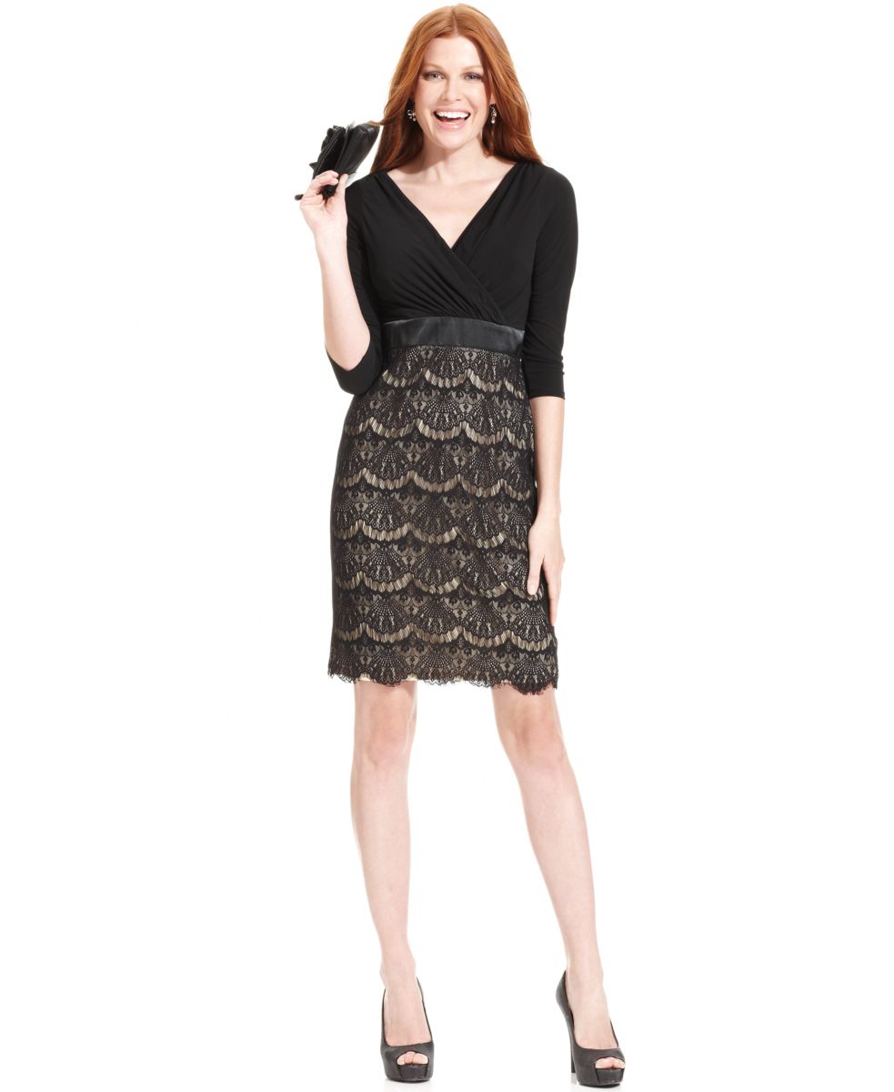 Evan Picone NEW Black Matte Jersey Lace Overlay 3/4 Sleeves Cocktail