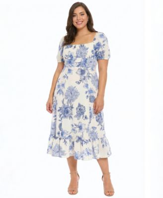 London Times Plus Size Puff Sleeve Square N WhiteBlue 16W