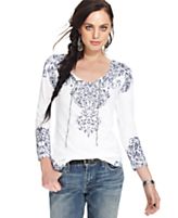 Lucky Brand Jeans Three-Quarter-Sleeve Floral-Print Top 