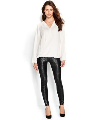... Long-Sleeve Faux-Wrap Top  Sequin-Panel Leggings - Women - Macy's