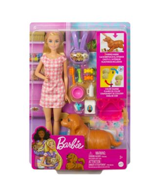 Barbie Doll Newborn Pups Playset with Blonde Doll, Mommy Dog and 3 Puppies, Kids Toys image number null