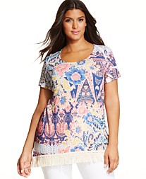 Style&co. Plus Size Fringe-Trim Printed Top