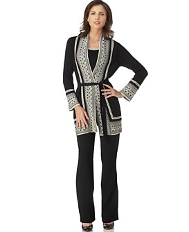 Jones New York Long Jacquard-Trim Belted Cardigan, Shell & Flat-Front Side-Zip Pant