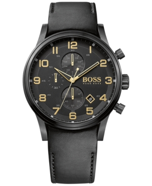UPC 885997163552 product image for Hugo Boss Men's Chronograph Blackout Aeroliner Black Leather Strap Watch 44mm 15 | upcitemdb.com