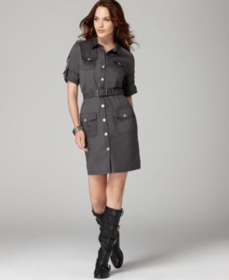 DKNY Jeans Petite Dress, Short Sleeve Military Shirtdress