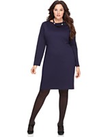 Tahari Woman Plus Size Dress, Thelma Long Sleeve Faux Leather Trim Tahari Woman Plus Size Dress, Thelma Long Sleeve Faux Leather Trim