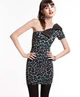 Material Girl Dress, One Shoulder Short Sleeve Leopard Printed Bow Tie Mini