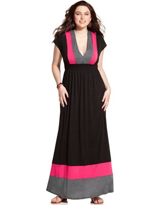 Eyeshadow Plus Size Dress, Short-Sleeve Colorblocked Smocked Maxi