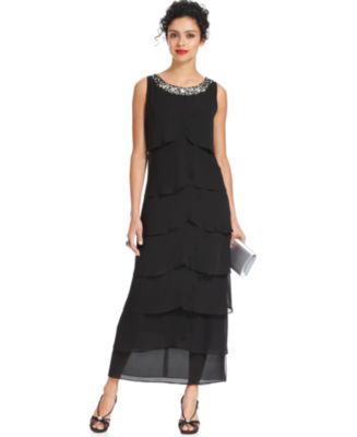 R&M Richards Petite Sleeveless Bead-Trim Tiered Dress - Dresses - Women - Macy&#39;s
