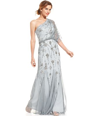 adrianna papell one shoulder beaded gown