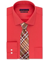Geoffrey Beene Non-Iron Sateen Flame Solid Dress Shirt & Flame Petros Plaid Tie