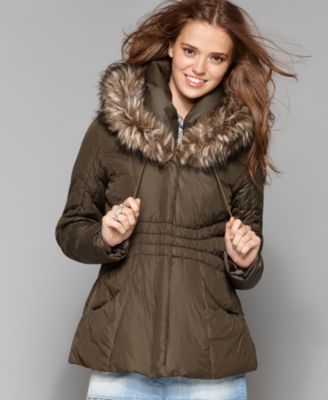 Steve Madden Coat, Long Sleeve Faux Fur Trim Hooded Puffer