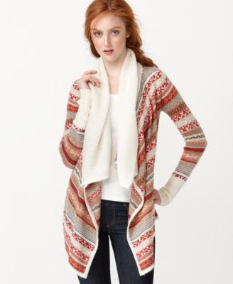 Kensie Sweater, Long Sleeve Fair Isle Draped Open Front Cardigan