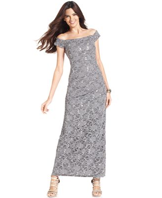 Alex Evenings Dress, Off-The-Shoulder Sequin Lace Evening Gown