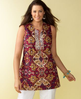 Charter Club Plus Size Beaded-Neckline Sleeveless Printed Tunic