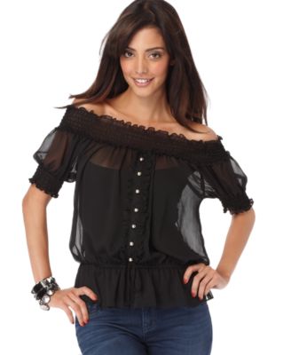 Kouture by Kimora Top, Off-The-Shoulder Short Sleeve Chiffon Ruffle 