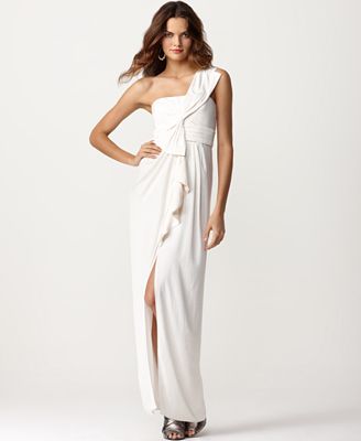 ... Dress, One Shoulder Pleated Bow Empire Waist White Evening Gown