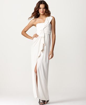 dress bcbgmaxazria gown macy pleated waist bow shoulder empire evening