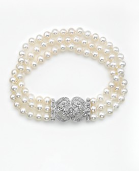 14k White Gold Cultured Freshwater Pearl Double Heart Bracelet