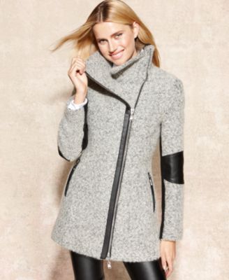 calvin klein faux leather trim boucle coat