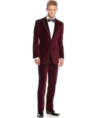 Tallia Suit Maroon Velvet with Black Piping Slim Fit - Suits