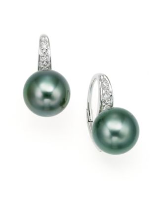 14k White Gold Tahitian Cultured Pearl & Diamond Leverback Earrings