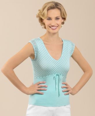 August Silk Crocheted-Trim Cap-Sleeve Pointelle Top