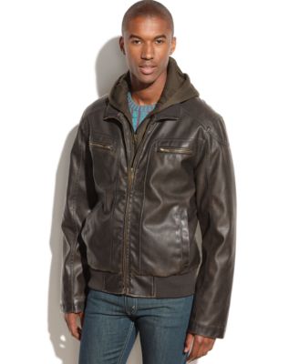 Sean John Hooded Faux Leather Bomber Jacket - Coats & Jackets ...
