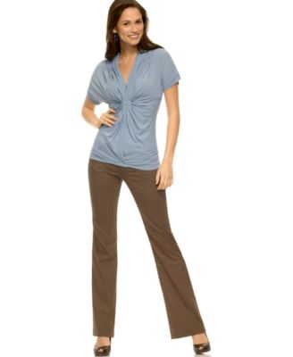 BCBG Shirred Knotted Top & Striped Slim Flared Pant