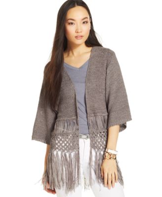 NY Collection Kimono-Sleeve Fringed Cardigan - Sweaters - Women ...