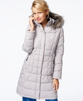 calvin klein quilted faux fur hooded coat