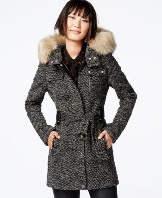 Bar III Faux-Fur-Trim Mixed-Media Coat - Coats - Women - Macy's