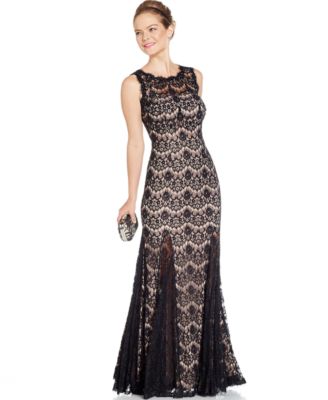 Betsy &amp- Adam Lace Bodice Formal Dress with Illusion Godets ...
