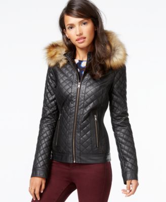 Bar III Faux-Fur-Trim Quilted Faux-Leather Jacket - Coats - Women ...