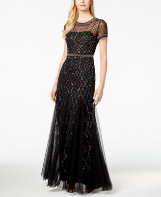gown sequin klein calvin mermaid open papell adrianna sequined bead trim ball