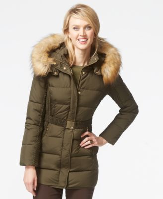 Jones New York Faux-Fur-Hood Down Belted Jacket - Coats - Women