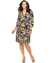 Alfani Plus Size Dress, Three Quarter Sleeve Printed Faux Wrap Alfani Plus Size Dress, Three Quarter Sleeve Printed Faux Wrap