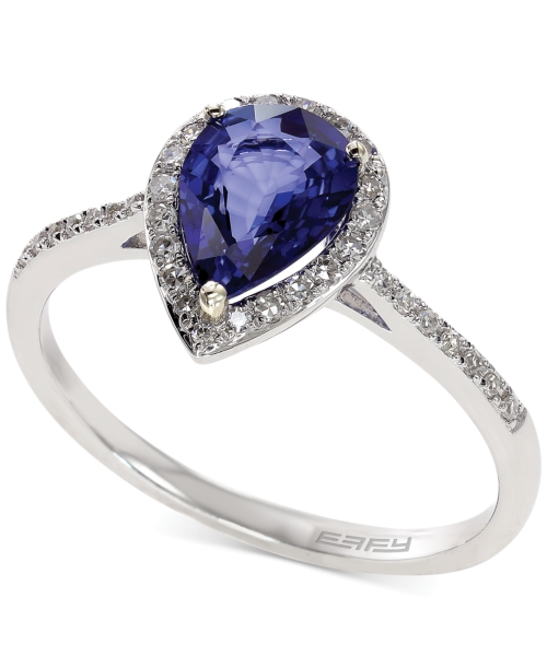 Royale Bleu by Effy Diffused Sapphire (1 ct. t.w.) and Diamond (1/6 ct. t.w.) Pear Ring in 14k White Gold