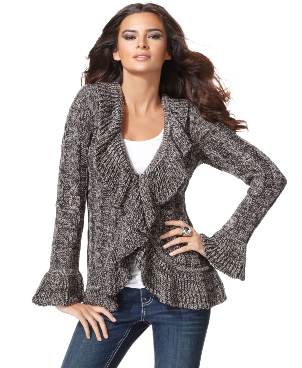 INC NEW Gypsy Black Marled Long Sleeve Ruffled Cardigan Sweater Coat XS