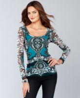 INC International Concepts Top, Long-Sleeve Printed Scoop-Neck
