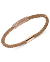 Michael Kors Bracelet, Rose Gold-Tone Tan Braided Leather Crystal Pave Bar Bacelet