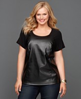 INC International Concepts Plus Size Top, Short-Sleeve Faux-Leather Tee