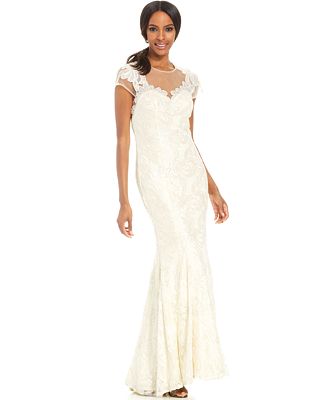 js collections illusion embroidered capelet gown