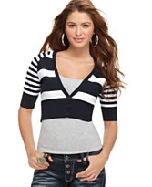 Sweater Project Sweater, V-Neck Short Sleeve Striped Cropped Cardigan