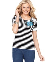 Karen Scott Top, Striped Short Sleeve Floral Karen Scott Top, Striped Short Sleeve Floral