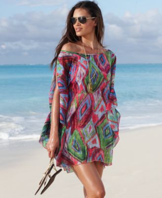 Kenneth Cole Reaction Cover Up, Boatneck Draped Sleeve Cold Shoulder Printed Tunic