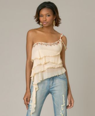 XOXO Beaded Chiffon One-Shoulder Top