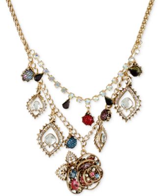 Betsey Johnson Gold-Tone Rose, Charm And Multi-Crystal Frontal Necklace ...