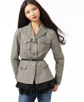 Kensie Jacket, Military Ruffled with Belt