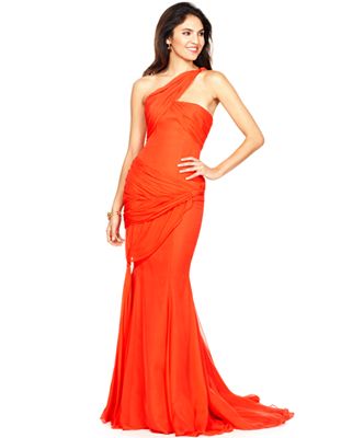 ... Dress, Sleeveless One Shoulder Ruched Draped Train Evening Gown